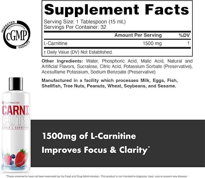 NutraOne Carnicuts L-Carnitine Liquid Supplement Stimulant Free* (Berry Blast - 32 Servings)