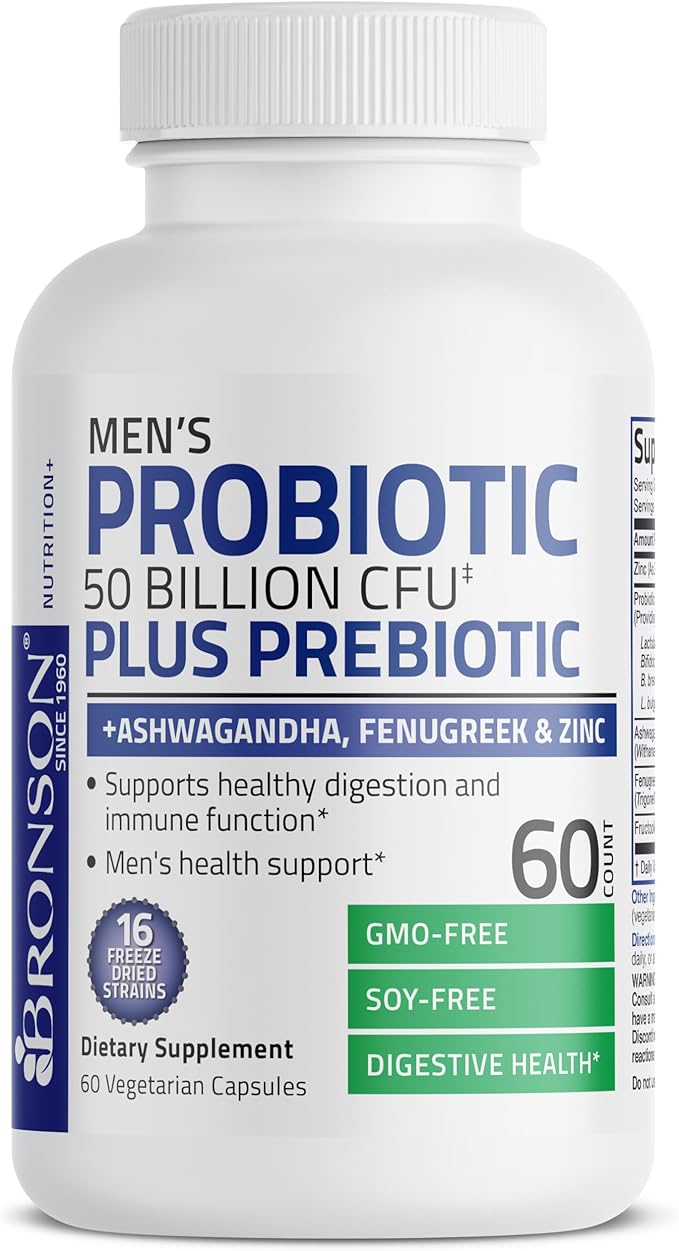 Bronson Men's Probiotic 50 Billion CFU Plus Prebiotic with Ashwagandha, Fenugreek & Zinc, Supports Healthy Digestion & Immune Function Non-GMO, 60 Vegetarian Capsules