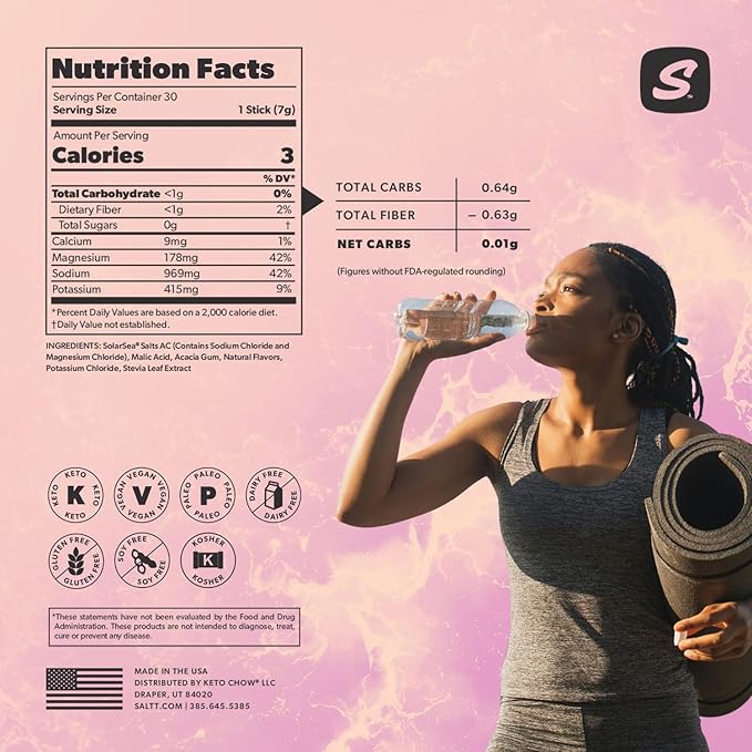 Keto Chow SALTT Electrolytes Powder Flavored Drink Mix - Booyah Berry - 30 Hydration Packets - Magnesium, Potassium, Sodium, Trace Minerals - Zero Sugar & Gluten Free - Travel Essentials