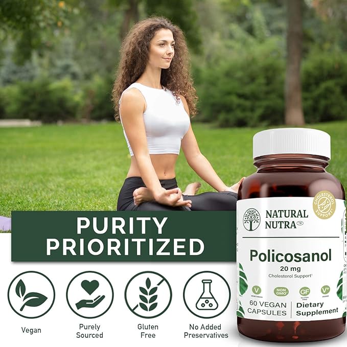 Natural Nutra Policosanol 20mg with Octacosanol, Supplement to Promotes Fluid Circulations, Improve Blood Circulation, Supports Maintain Fat Level, Improves Cardiovascular Health, 60 Vegan Capsules