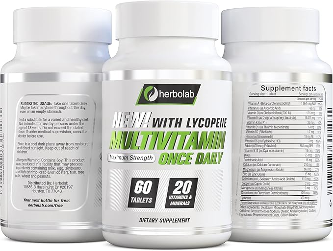 Multivitamin Once Daily, Max Strength Vitamins A, C, D, E, K, B1, B2, B6, B12, Niacin, Calcium, Magnesium, Zinc, Selenium, Copper, Manganese, Chromium with Lycopene, 60 Count 2 Mo Supply