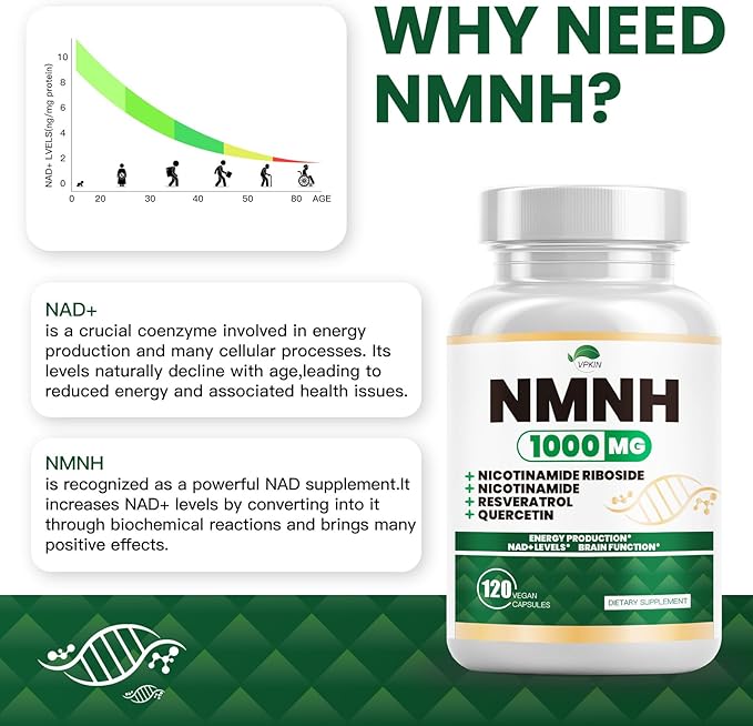 NMNH(Dihydronicotinamide Mononucleotide),NMNH Supplement 1000mg Pure Nicotinamide Mononucleotide,NAD High Purity Supplement Alternative,for Energy,Focus,Non-GMO, Gluten Free,120 Capsules