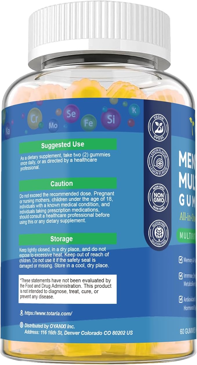 Sugar Free Men's Multivitamin Gummies w/Vegan Omega 3, Maca, Saw Palmetto, Vitamin A, B, C, E, D3, K, Zinc, Daily Methylated Multivitamins for Men, for Immunity, Energy, Lemon Flavor, 60 Counts
