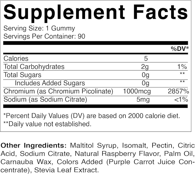 Vitamatic Chromium Picolinate 1000 mcg - 90 Gummies - High Potency Chromium - Raspberry Flavor (Total 180 Gummies) 2 Packs
