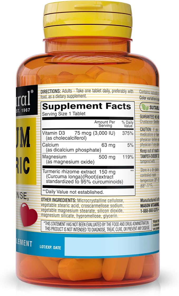 MASON NATURAL Magnesium & Vitamin D3 with Turmeric - Healthy Heart and Nervous System, Strengthens Bones and Muscles, Improved Joint Health, 60 Tablets (Pack of 3)