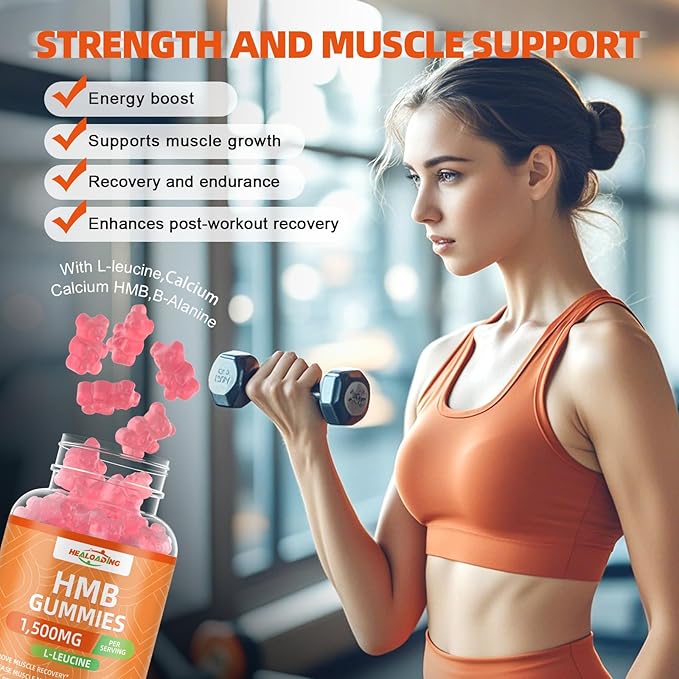 HMB and Leucine Gummies Supplement: HMB Supplements for Men 1500mg and Leucine Amino Acid for Muscle Recovery Increase Muscle Mass Improve Endurance Non-GMO Sugar Free Peach 60 Gummies