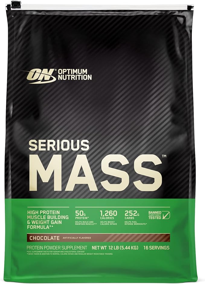 Optimum Nutrition Serious Mass, Weight Gainer Protein Powder, Mass Gainer, Vitamin C and Zinc for Immune Support, Creatine, Chocolate, 12 Pound (Packaging May Vary)