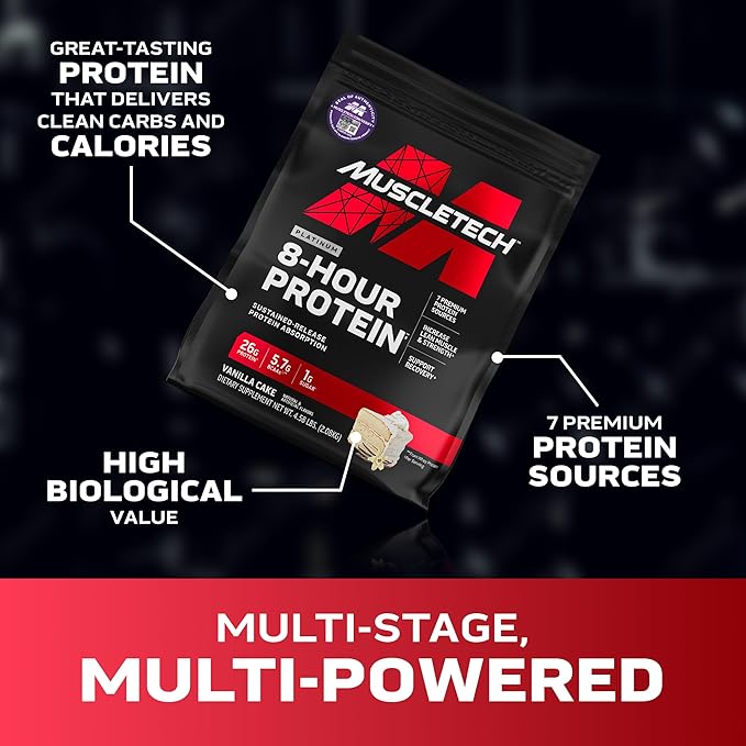 MuscleTech Platinum 8-Hour Protein Powder - 7 Premium Protein Sources with Whey & Casein Protein for Increased Lean Muscle, Strength & Improved Recovery - Vanilla Cake, 50 Servings