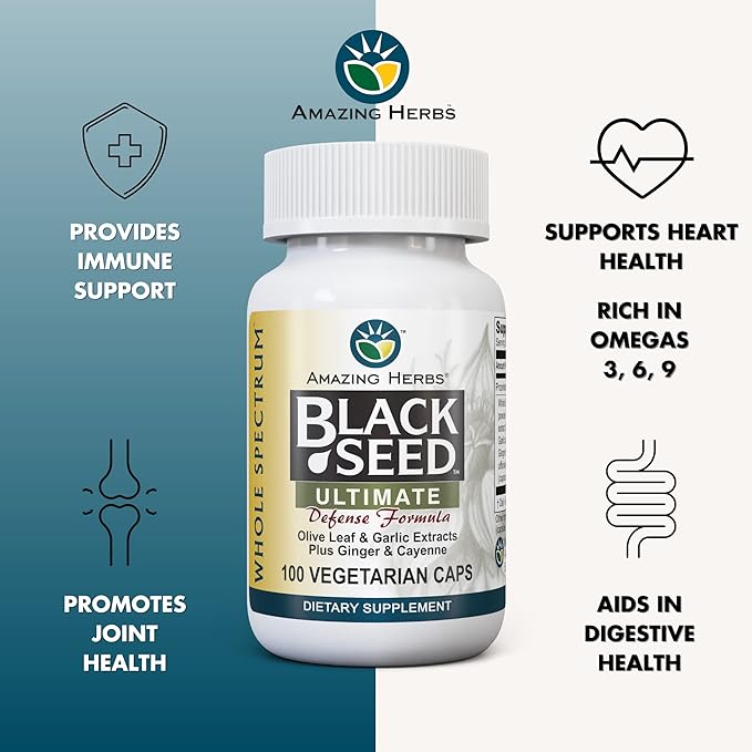 Amazing Herbs Whole Spectrum Black Seed Ultimate, Vegetarian Capsules - Olive Leaf & Garlic Extracts Plus Ginger & Cayenne, Gluten Free, Non GMO, Vegan - 100 Count