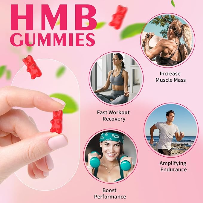 HMB and L-Leucine Gummies, 3000mg HMB and Leucine Amino Acid for Men Women, for Muscle Growth, Muscle Relief, and Fast Workout Recovery, Vegan, Raspberry Flavor, 60 Count