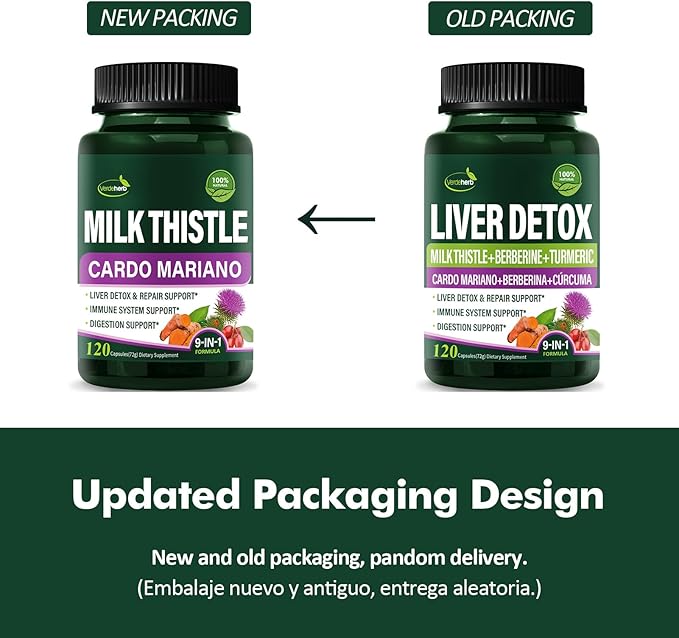 Berberine with Milk Thistle Liver Detox Capsules, Berberina y Alcachofa y Cardo Mariano con Silimarina para el Higado Graso, Liver Cleanse Detox & Repair Formula w/Turmeric Extract. 120Count