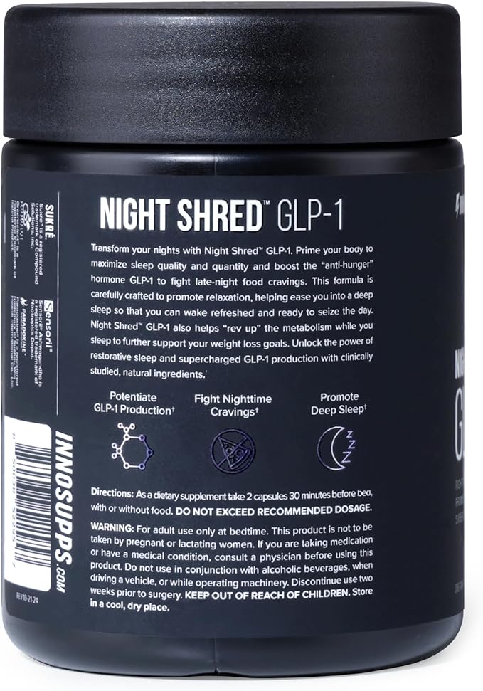 InnoSupps Night Shred™ GLP-1 | Nighttime Fat-Burner + Sleep Support | Appetite, Metabolism & Stress Support | Akkermansia + Ashwagandha | 60 Capsules. 30 Servings.