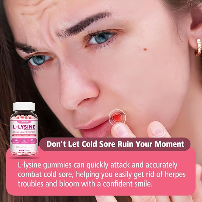 7-in-1 L-Lysine Gummies 1000mg, Lysine Gummies for Adults & Kids, Essential Amino Acid with L-Arginine, L-Glutamine, Vitamin for Lip & Skin, Immune, Calcium Absorption, Strawberry Flavor, 60Ct