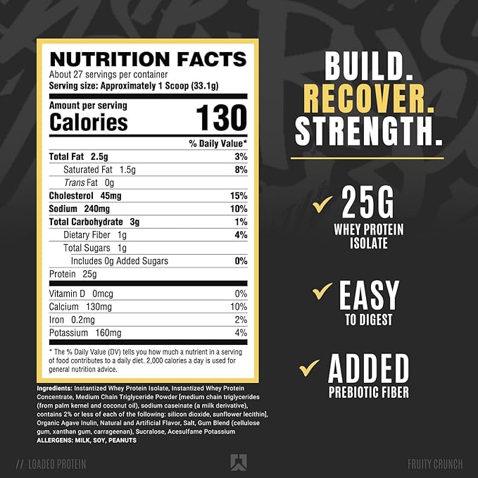 Ryse Loaded Protein Powder - Fruity Crunch - 25g Whey Protein Isolate & Concentrate with Prebiotic Fiber & MCTs - Low Carb, Low Sugar, Digestive-Friendly - 27 Servings / 2 lb Tub