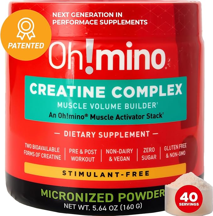 Oh!mino Creatine Powder for Muscle Growth - Pre & Post Workout Muscle Recovery Supplement, Micronized Creatine Monohydrate & Hydrochloride Blend - Vegan, Zero Sugar - 160g, 40 Servings (Lemon Lime)