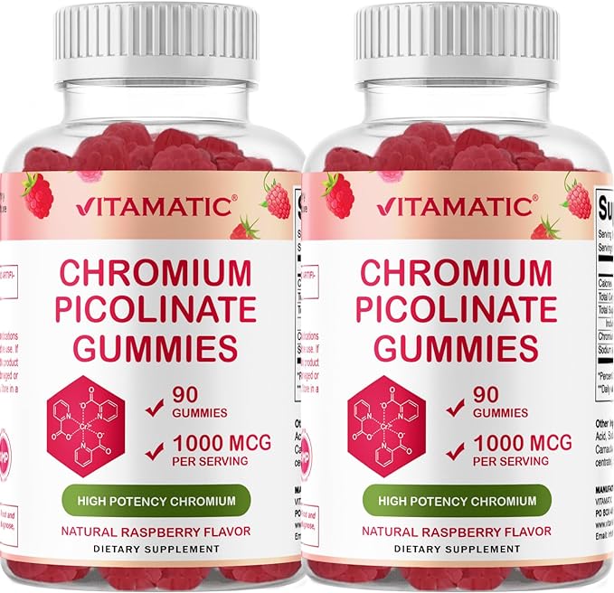 Vitamatic Chromium Picolinate 1000 mcg - 90 Gummies - High Potency Chromium - Raspberry Flavor (Total 180 Gummies) 2 Packs