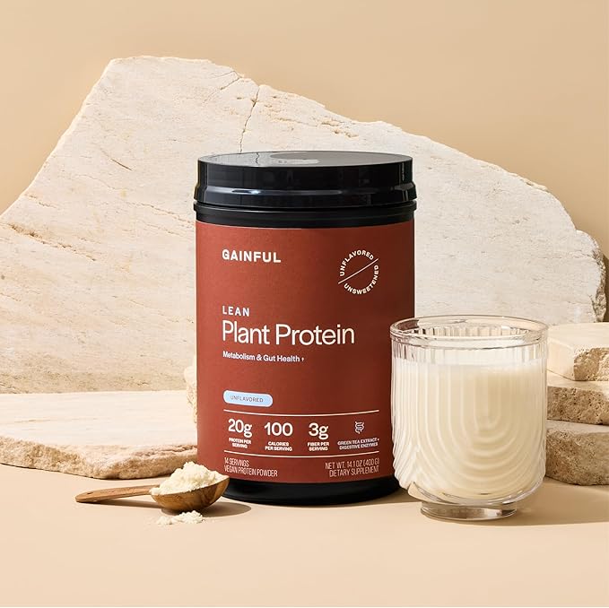 Gainful Lean Plant Protein Powder, 20g Plant Protein per Serving, Unflavored, Supports Lean Muscle, Metabolism, & Satiety, with Green Tea Extract, Digestive Enzymes, Organic Fiber, Vegan, 14 Servings