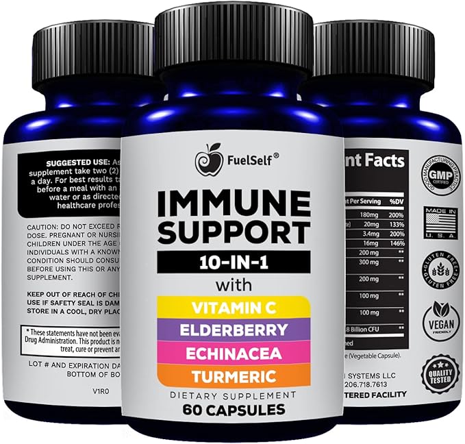 Immune Support Booster Supplement with Elderberry, Vitamin C, Echinacea, Turmeric Curcuminoids, Vitamin E, Vitamin B6, Zinc, L-Glutamine HCL, Garlic, Lactobacillus Acidophilus :: 60 Count, 1 Pack