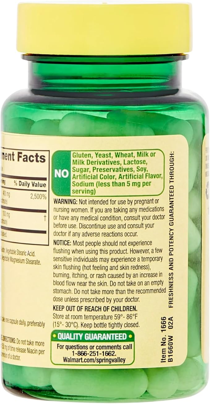 Spring Valley Vitamin B3 Niacin 500mg Flush Free Capsules, Dietary Supplement 60 Pills (Pack of 1)