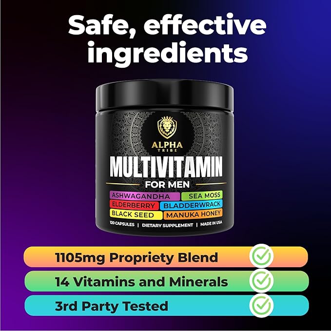 Alpha Tribe Multivitamin for Men with Sea Moss, Black Seed Oil, Ashwagandha, Turmeric Bladderwrack, Burdock,Vitamin C, Elderberry, Manuka, Yellow Dock | Daily Men's Vitamins and Minerals Supplement