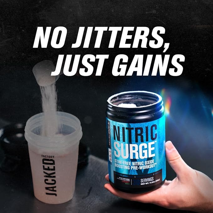 Jacked Factory Nitric Surge Stim Free Pre Workout Powder - Caffeine-Free Nitric Oxide Supplement w/Con-Cret Creatine, L Citrulline, & GlycerSize Glycerol - Cherry Kiwi, 30 Servings