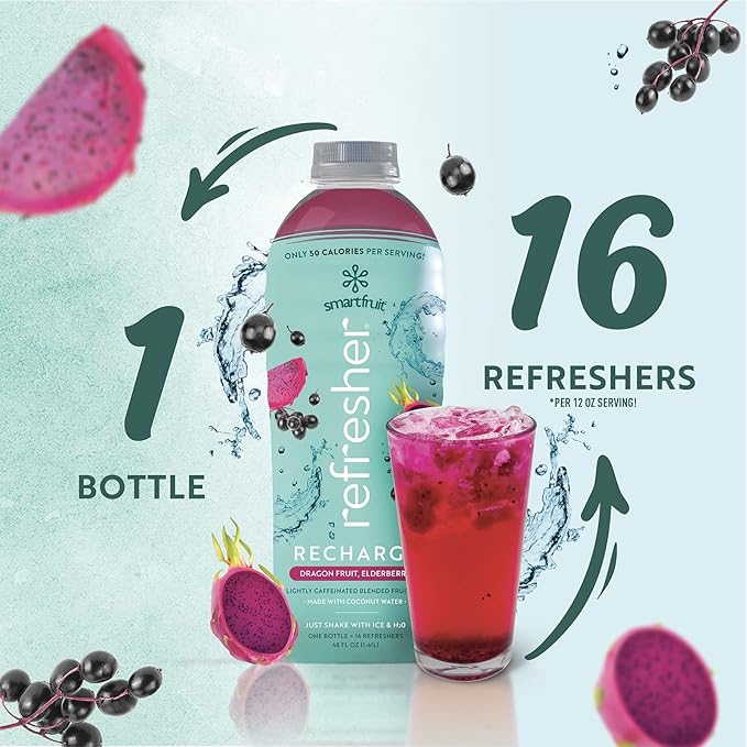 Recharge Refresher - Dragon Fruit, Elderberry - Made with Real Fruit and No Added Sugar – Low Cal, Hydrating Coconut Water, and Natural Energy (48oz Bottle)