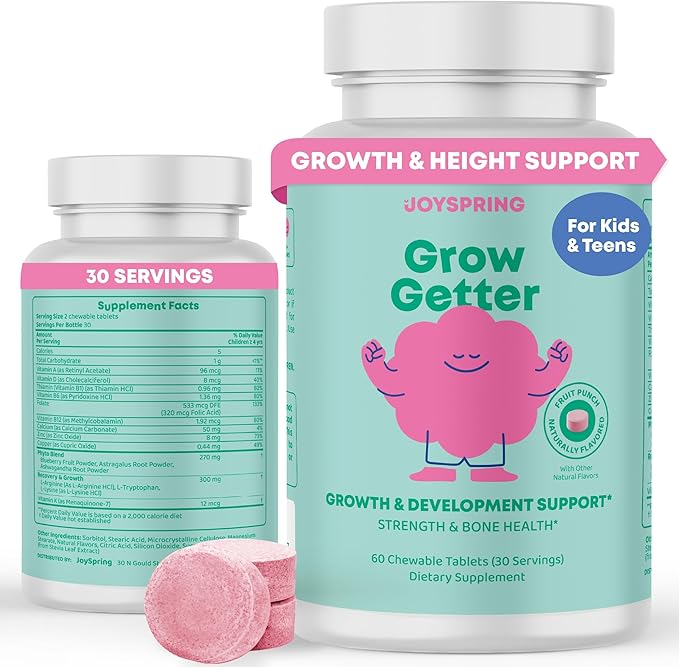 JoySpring Growth Vitamins for Teens & Height Support for Kids - Enourages Stronger Bones & Healthy Natural Growth - Sugar Free - L-Arginine, L-Lysine, Zinc, Vitamin D & K2-30 Servings
