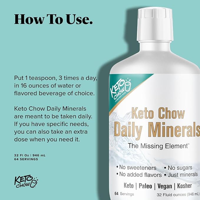 Keto Chow - Daily Minerals Drops - Promotes Electrolyte Balance - Copper, Magnesium, Chromium, Zinc, Boron, Selenium - Zero Sugar - Keto Friendly - Gluten Free - Vegan - Non GMO - Travel Size - 32 oz