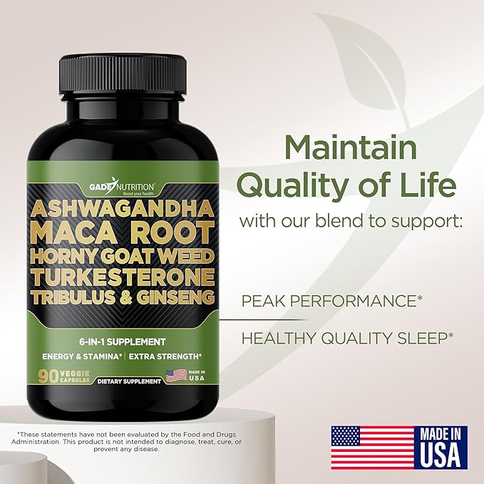 Gade Nutrition Ashwagandha with Maca Root, Horny Goat Weed, Turkesterone Supplement, Tribulus Terrestris, Panax Ginseng | 90 Vegetable Capsules for Energy, Stamina, Performance. | Made in USA