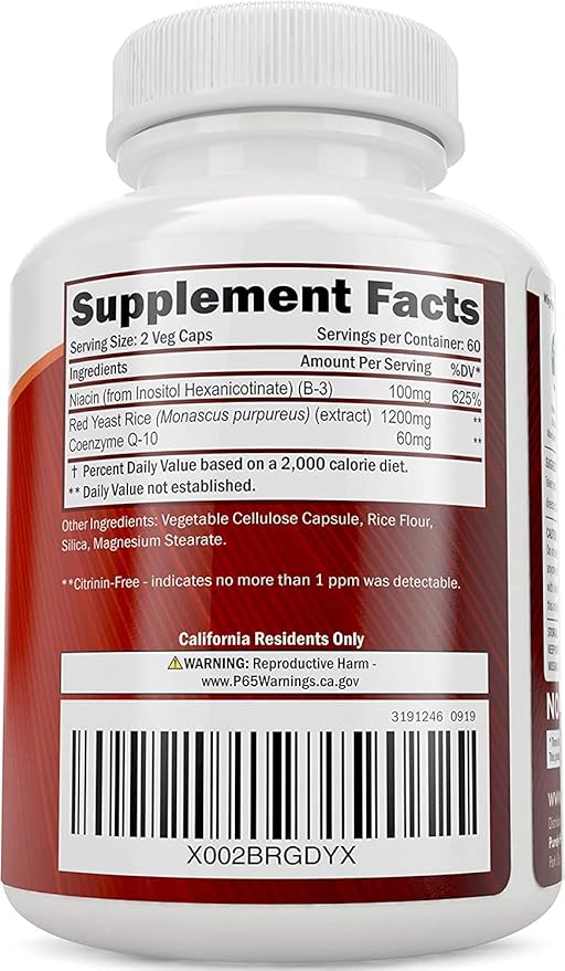 Red Yeast Rice 1200mg with CoQ10 Supplement & Flush Free Niacin 120 Extra Strength Vegetarian Capsules – Advanced Healthy Heart Formula - Non-Irradiated, Citrinin Free