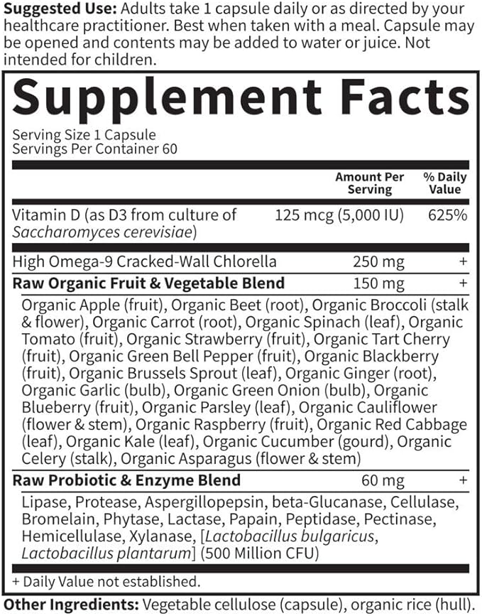 Garden of Life Vitamin D, Vitamin Code Raw D3, Vitamin D 5,000 IU, Raw Whole Food Supplements with Chlorella, Fruit, Veggies & Probiotics for Bone & Immune Health, 60 Vegetarian Capsules