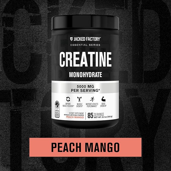 Jacked Factory Flavored Creatine Monohydrate Powder 425g - Creatine Supplement for Muscle Growth, Strength & Performance - 85 Servings, Peach Mango