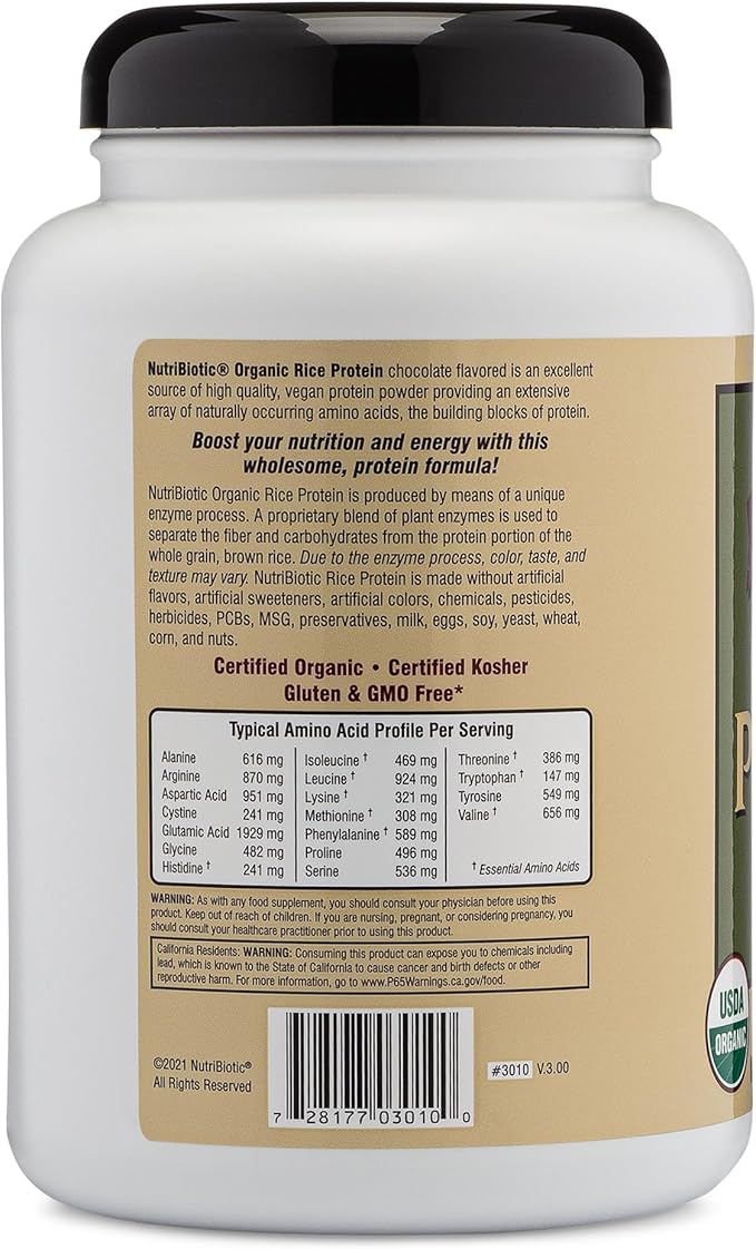NutriBiotic Certified Organic Rice Protein Chocolate, 22.9 Oz | Low Carbohydrate Vegan Protein Powder | Raw, Certified Kosher & Keto Friendly | Made Without Chemicals, GMOs & Gluten | Easy to Digest