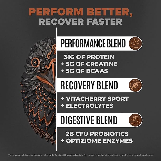 Falcon Performance Vegan Protein Powder, 31g Protein, 5g Creatine, 5g BCAA, Probiotics, Electrolytes, Pre Workout, Low Carb, Sugar Free & Dairy Free, Plant Based Chocolate Protein -47 servings