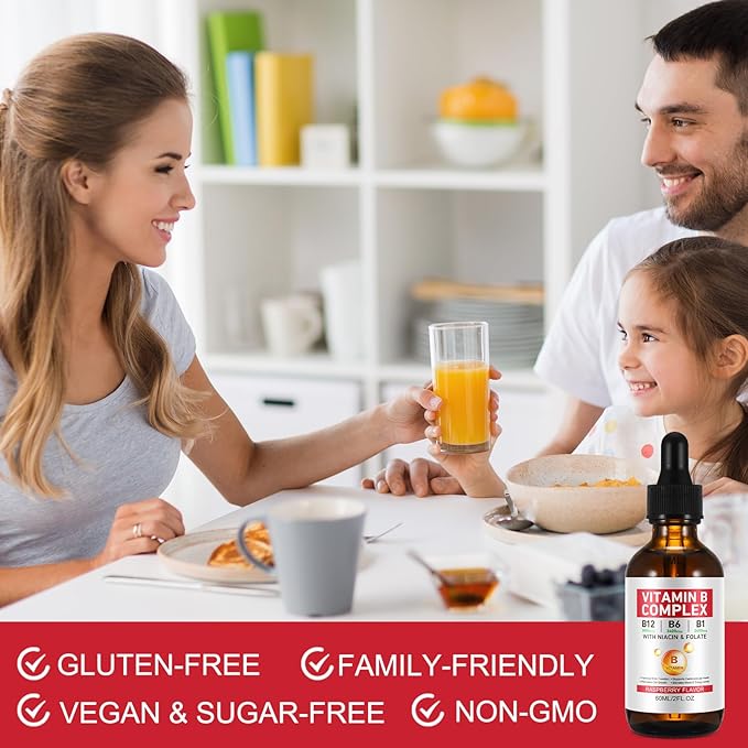 Vitamin B Complex Liquid, Vegan Vitamin B12 Liquid Drops | B12 Methylcobalamin | B1 Thiamine | B6 Pyridoxine | Folic | Niacin - B Complex Liquid Drops, Support Energy, Brain & Heart, 40 Servings