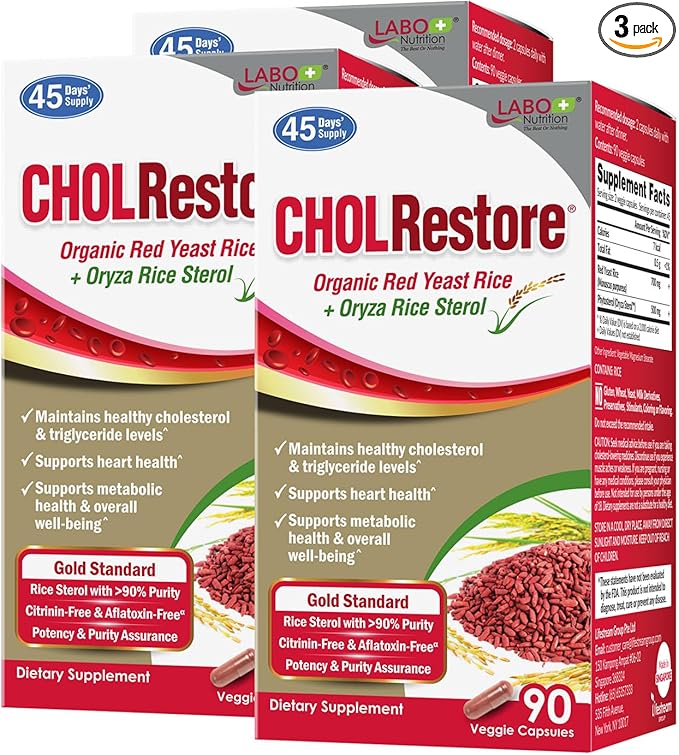 LABO Nutrition CHOLRestore – Red Yeast Rice with Phytosterol Health Supplement, Supports Healthy Cholesterol Levels, Citrinin & Aflatoxin Free, 90 Vege Capsules 3x3