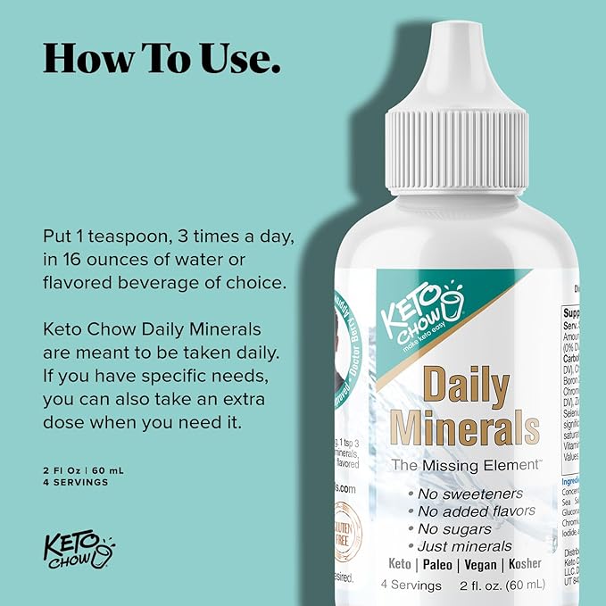 Keto Chow - Daily Minerals Drops - Promotes Electrolyte Balance - Copper, Magnesium, Chromium, Zinc, Boron, & Selenium - Zero Sugar - Keto Friendly - Gluten Free - Vegan - Non GMO - Travel Size - 2 oz