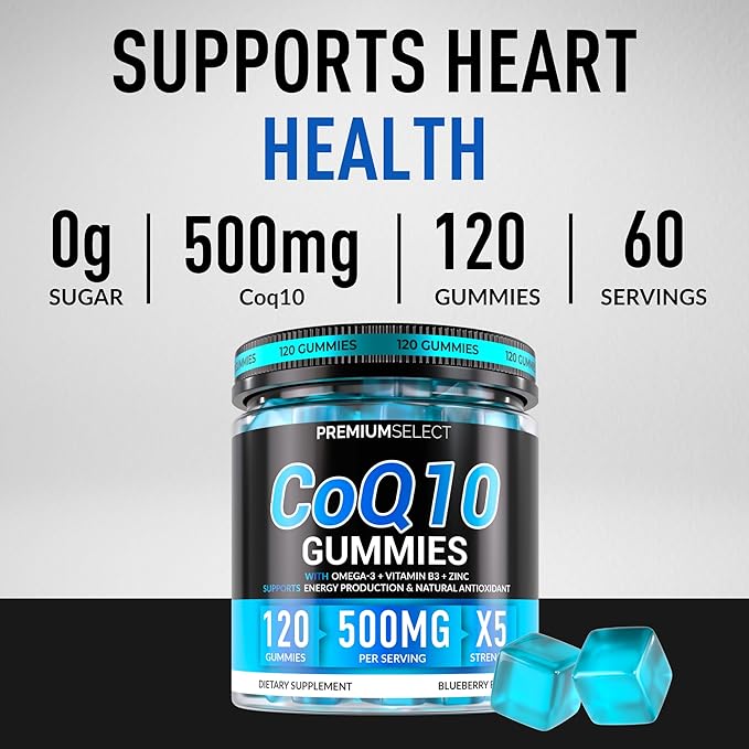 CoQ10 Gummies for Adults 500mg Sugar Free - 120 Cq10 Gummies High Absorption Supplement with Omega-3, Vitamin B3, and Zinc Supports Heart Health, Cellular Energy Antioxidant Protection Gummy Chews