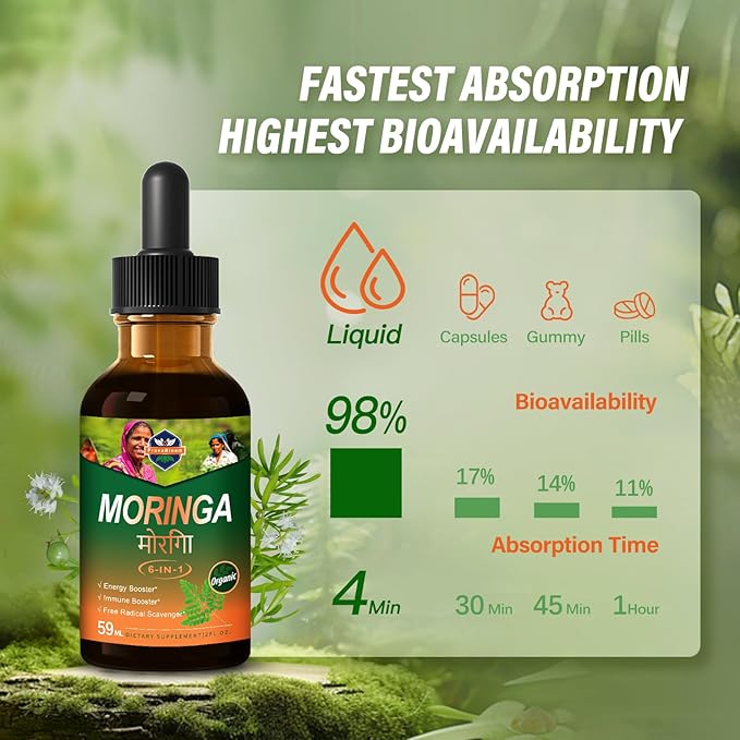 Moringa Liquid Drops for Energy Booster, Moringa Leaf Supplement Support Immune Booster, Herbal Blend w/Ashwagandha & Rhodiola Herbal Extract. 2oz