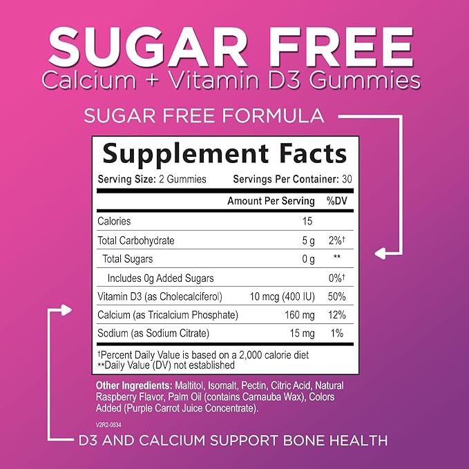 Sugar-Free Calcium Supplements for Women + 400 IU Vitamin D3 - Calcium Chews Gummy for Bone & Immune Support, Supports Teeth & Bone Strength, Chewable Calcium Supplement for Women & Men - 60 Gummies