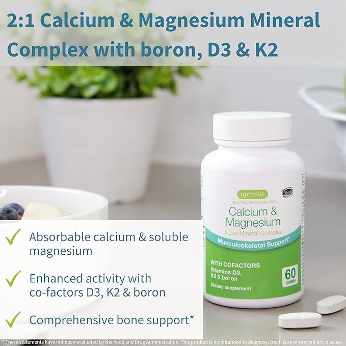 Igennus Algae Calcium & Magnesium Supplement, Plant Based, High Absorption, K2 & D3, Non-GMO Red Algae Mineral Complex for Bone & Teeth Support, for Women and Men, with Boron, Vegan, 6 x 60 Tablets