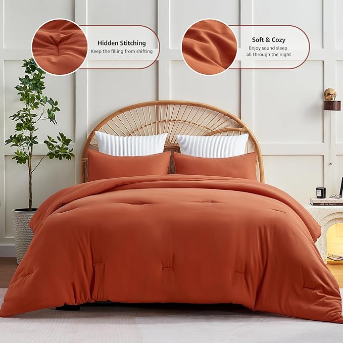 CozyLux Burnt Orange California King Comforter Set, 3 Pieces Cal King Terracotta Solid Breathable Boho Style Bedding Sets, Cozy Soft Microfiber Quilt Comforter All Season(1 Comforter & 2 Pillowcases)