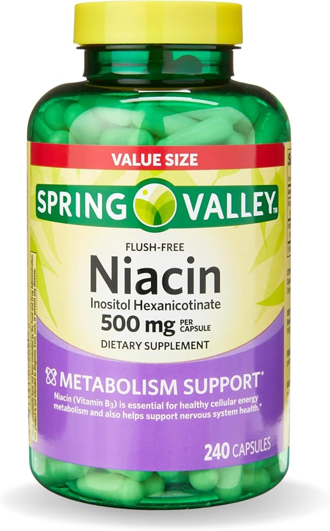 Spring Valley Vitamin B3 Niacin 500mg Flush Free Capsules, Dietary Supplement 240 Pills (Pack of 1)