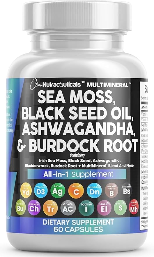 Clean Nutraceuticals Sea Moss Black Seed Oil Ashwagandha Turmeric Bladderwrack Burdock & Vitamin C Vitamin D3 with Elderberry Manuka Dandelion Yellow Dock Iodine Chlorophyll ACV - 2Pack