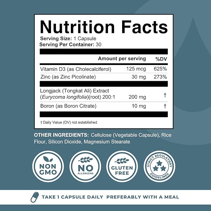Boron Supplement For Men With Tongkat Ali - Vitamin D3, Zinc Picolinate 30mg, Longjack Tongkat Ali For Men - Boron Citrate 10mg For Men’s Health - Non GMO, Gluten Free, No Allergens - 30 Count