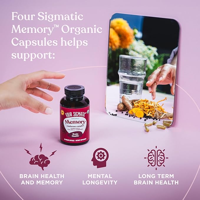 Four Sigmatic Memory Capsules | Reduce Brain Fog & Improve Memory | Nootropic Supplement for Brain Support with Cordyceps Mushroom, Gotu Kola, Turmeric, Ashwagandha & Folate | 30 Servings