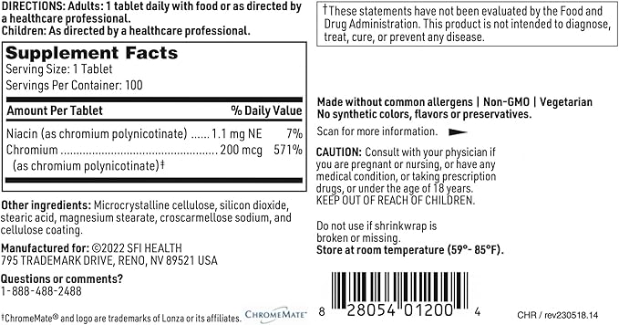 Klaire Labs Chromemate - Chromemate Chromium Polynicotinate 200mcg Supplement - Bioavailable Form of Chromium with Niacin - Hypoallergenic (100 Tablets)