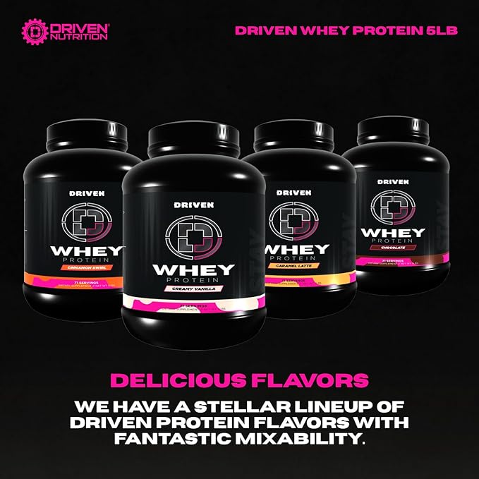 Driven WHEY- Grass Fed Whey Protein Powder: Delicious, Clean Protein Shake- Improve Muscle Recovery with 23 Grams of Protein with Added BCAA and Digestive Enzymes (5 lb, Creamy Vanilla)