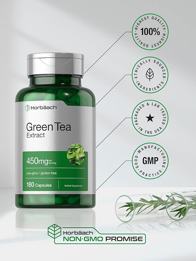 Horbäach Green Tea Extract Capsules 450mg | 180 Count | Herbal Supplement | Non-GMO and Gluten Free