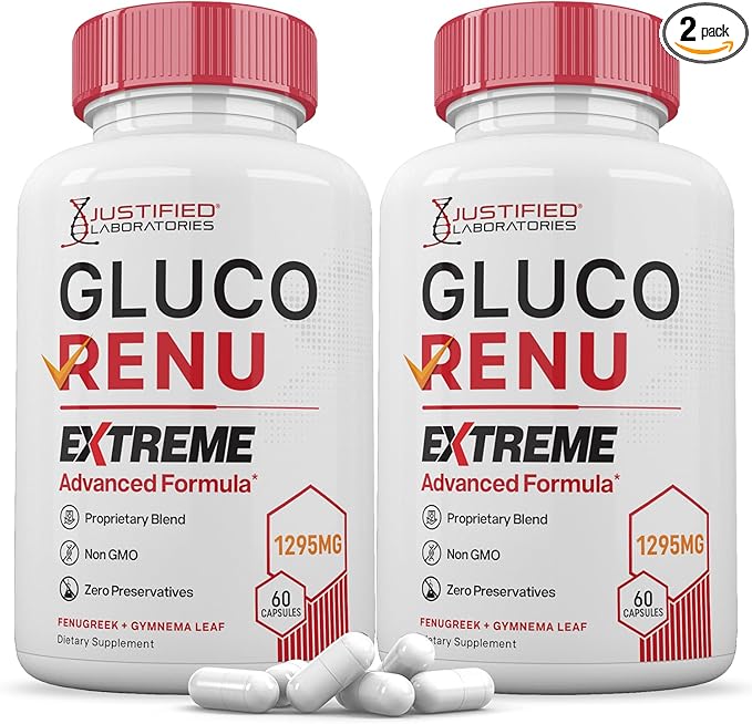(2 Pack) Gluco Renu Extreme 1295MG Glyco Support Pills Advacned Formula Gluo Renew Glycogen Support Formulated with Turmeric Berberine Resveratrol Garlic Bitter Melon Milk Thistle 120 Capsules